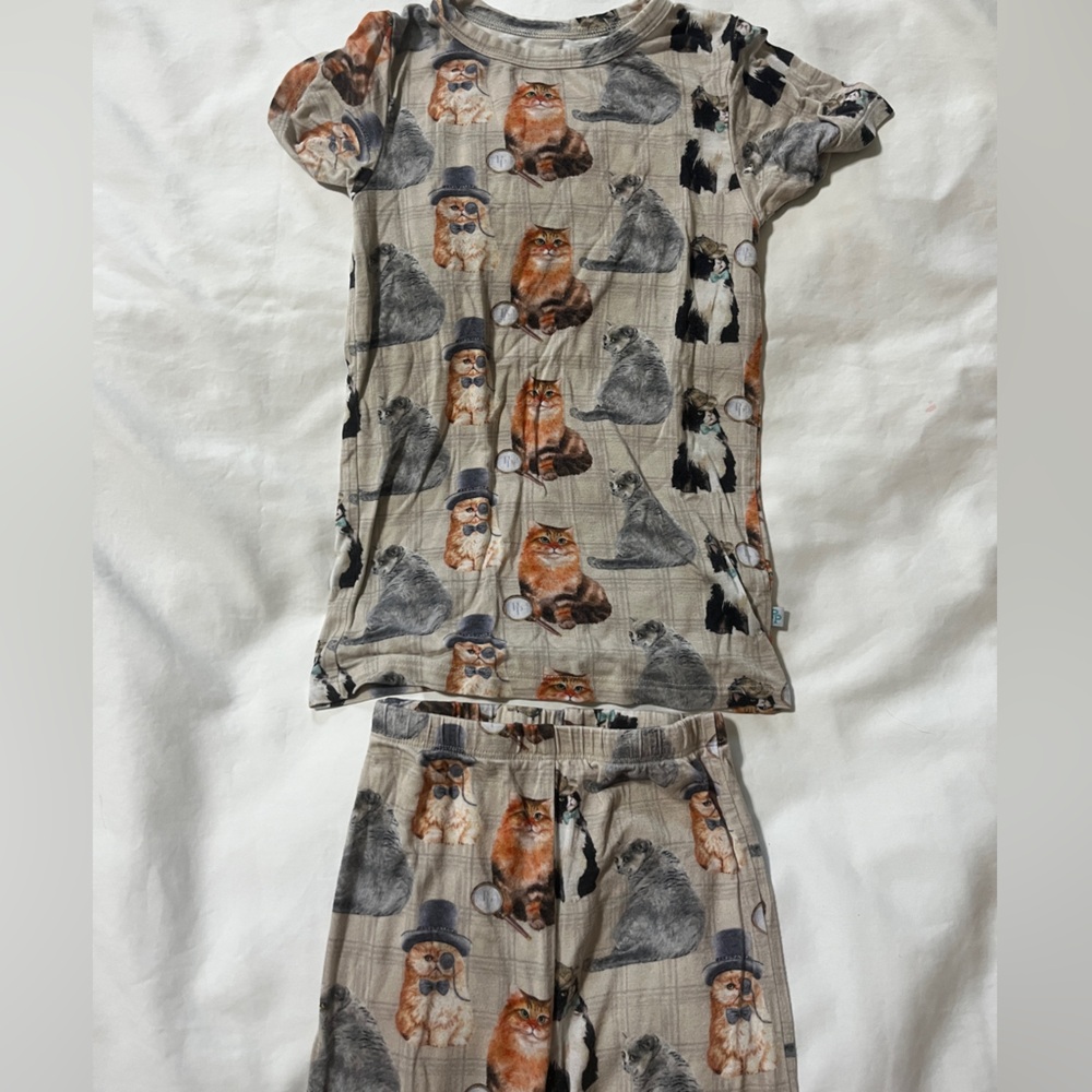 Posh Peanut Kids Pajama Set with Fancy Cats on Tan/Gray Background size 4T